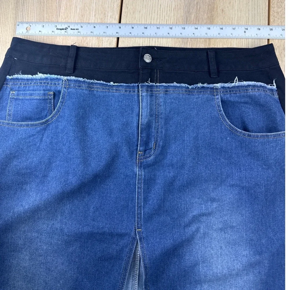 Akira Mixed Media Denim Maxi Skirt Blue Black High Slit Plus Size‎ 1X